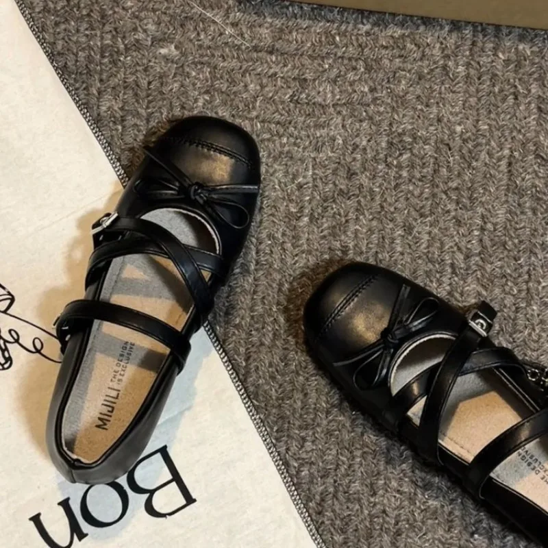 

Retro Butterfly Knot Belt Buckle Mary Jane Shoes Women's 2026 New round Head Thick Bottom Semi-Up Ballet Korean Style