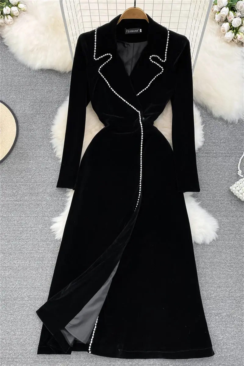 Korean Coat Long Dress Retro Women\'s Temperament Suit Collar Slim Split Gold Velvet Blazer Jacket Windbreaker Dress T1252