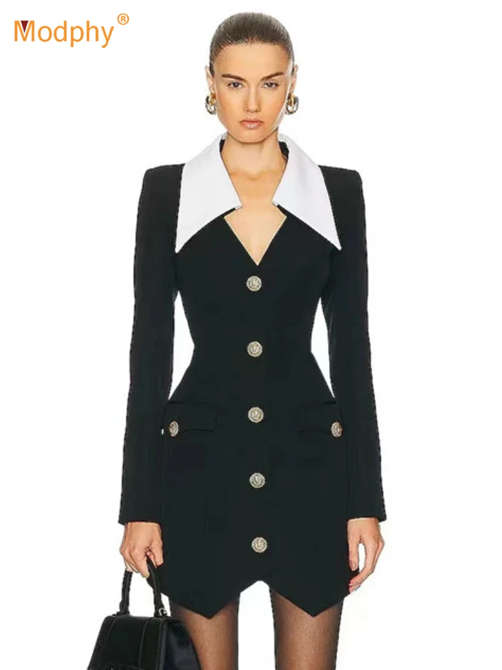 Modphy Sexy Lapel Long Sleeve Bandage Dress Women Black Parchwork White Single Breasted Elegant Evening Mini Bodycon Dresses