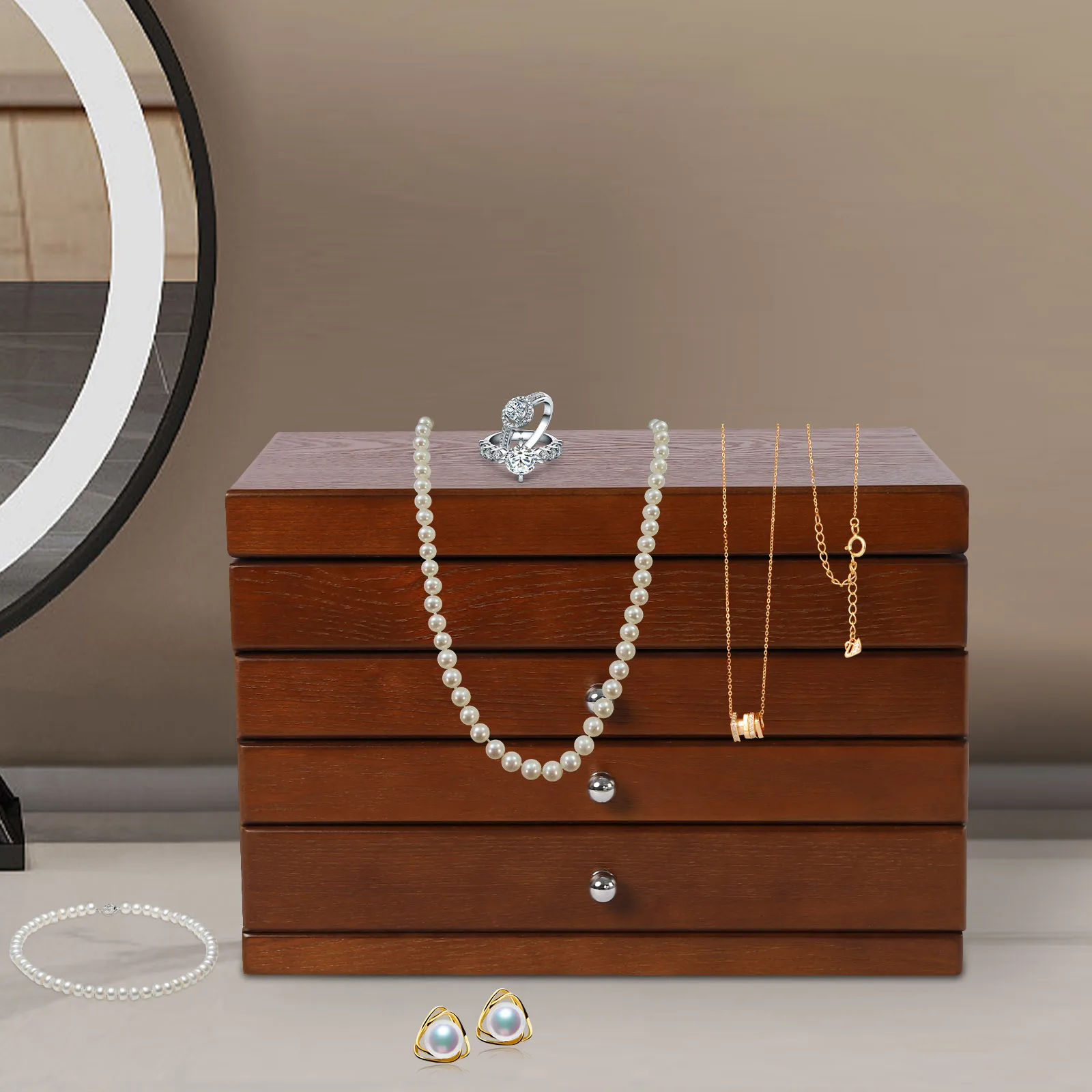 4 Tiers Wooden Jewelry Box with Mirror Earrings Necklace Bracelet Watch Organizer Ideal Birthday Presents Christmas Gifts