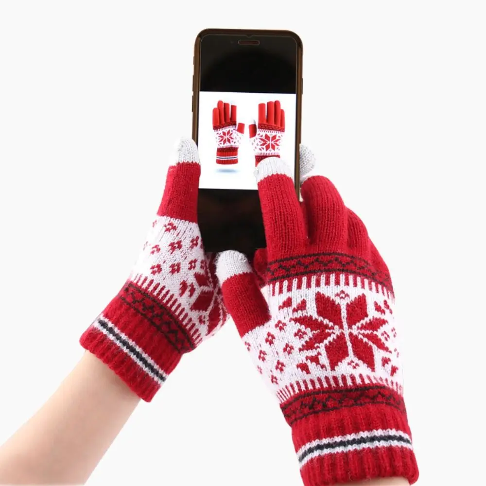 High Quality Knitted Snowflake Winter Knitted Gloves Touch Screen Thickened Full Finger Mittens Skiing Gloves Winter