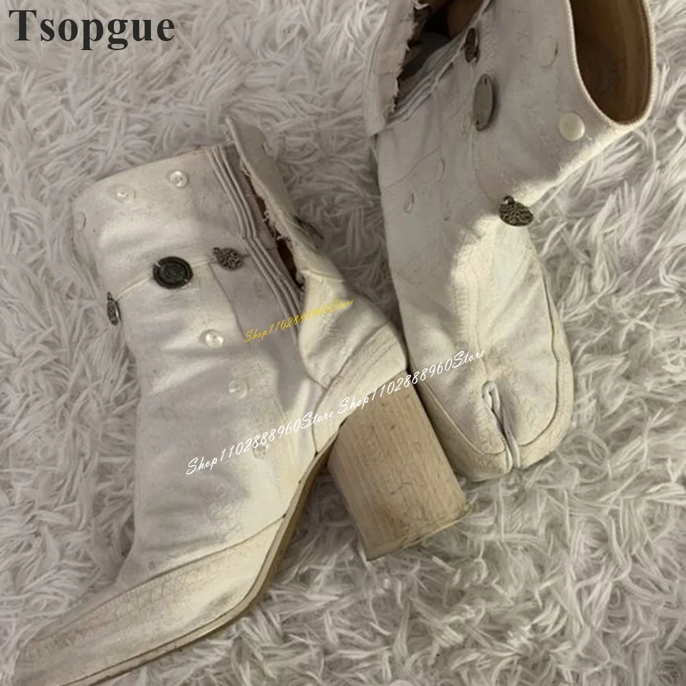 Western Style White Cloth Clock Button Tabi Boots Chunky High Heel Shoes For Women Split Toe 2024 Fashion Zapatos Para Mujere