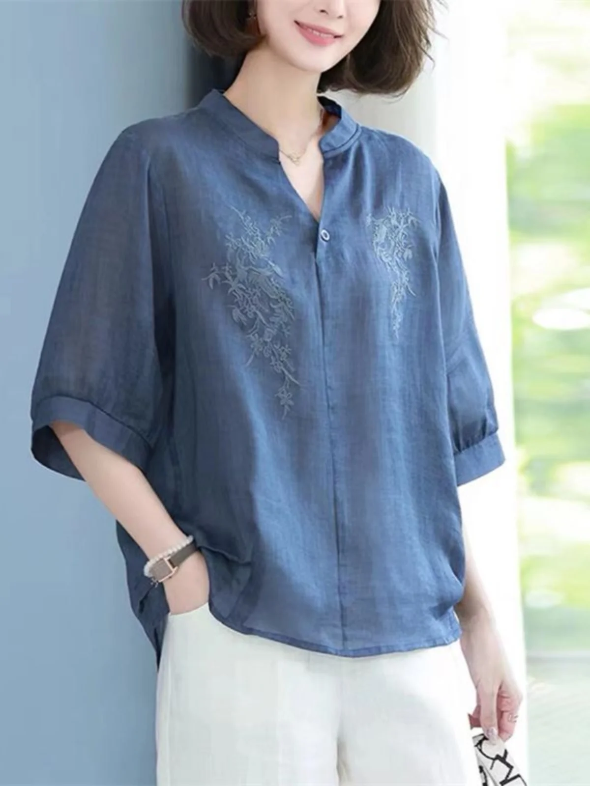 

Korean Japanese Cotton Linen Women's Summer Large Size New High End Svel irt Loose Fit Embroidered Pure Color