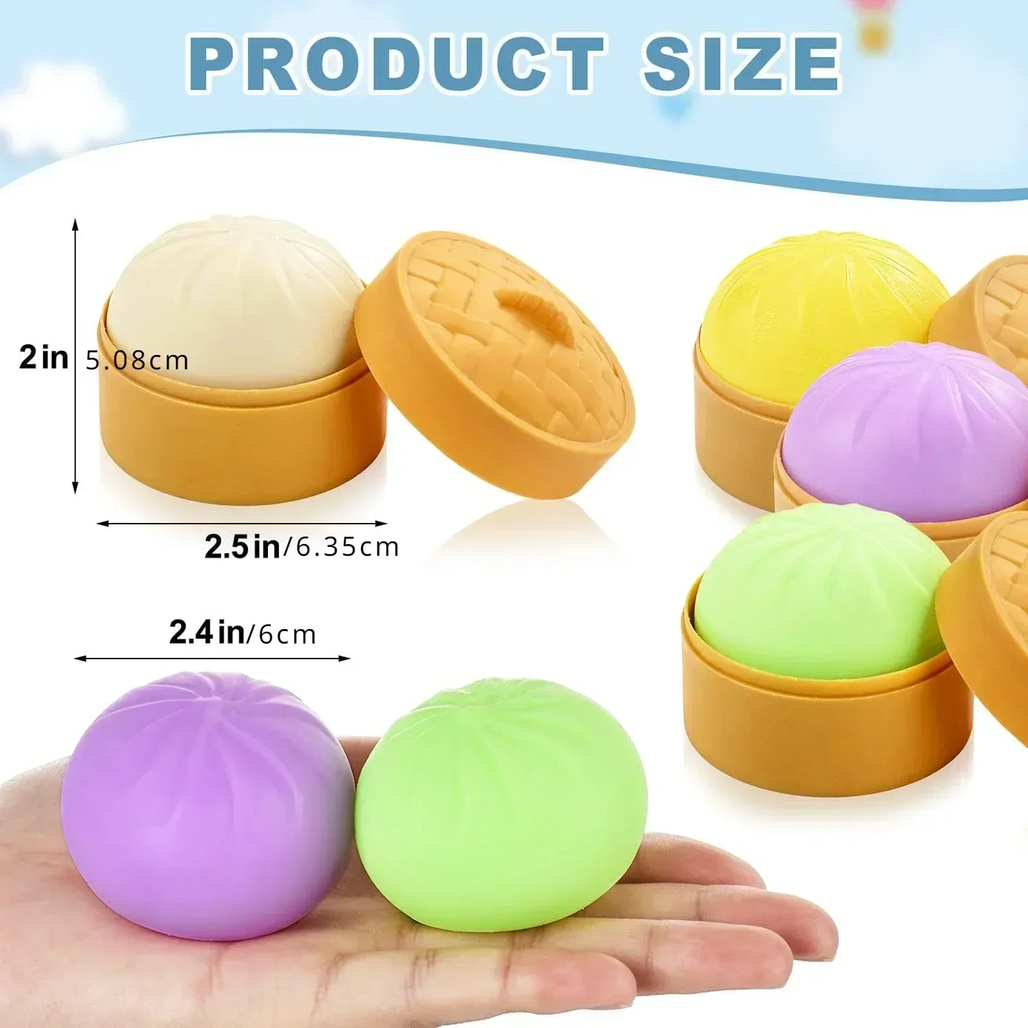 Colorful Dumpling Stress Balls Fidget Sensory Toy Squeeze Dough Ball Stress Relief Hand Toy Bun with Food Steamer Stretchy Desk