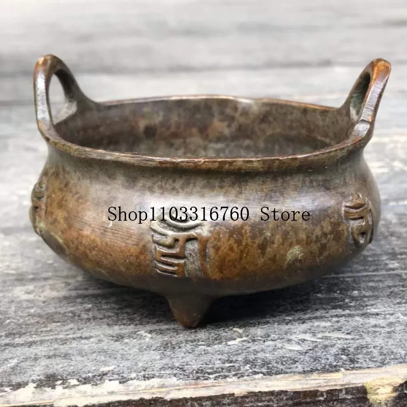 Antique Collectible Copper Thickened Incense Burner with Raised Ears, Three-Legged Incense Burner, Cultural Ornament, Old Object