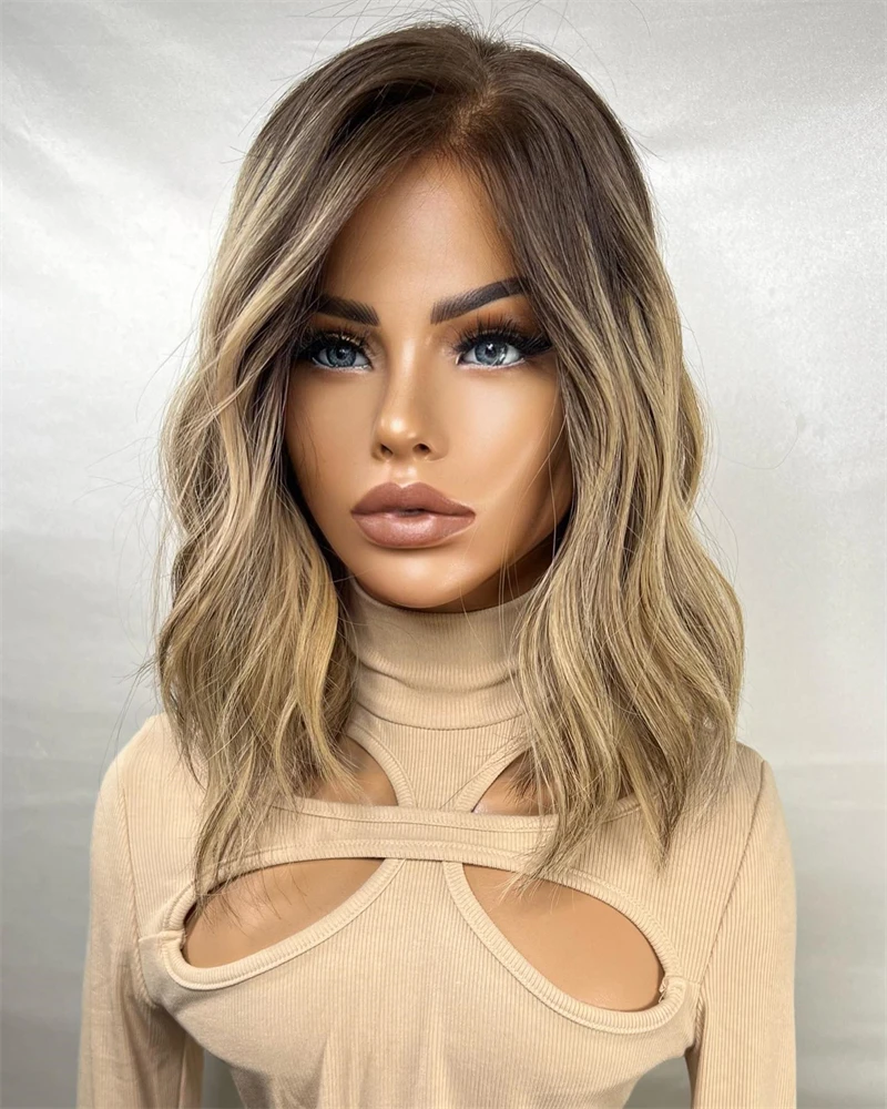 Short Bob Wig Honey Blonde Balayage Wig 13x4 Blonde Lace Front Wig Dark Medium Blonde Brown Highlights Wavy Wig Women Daily Use