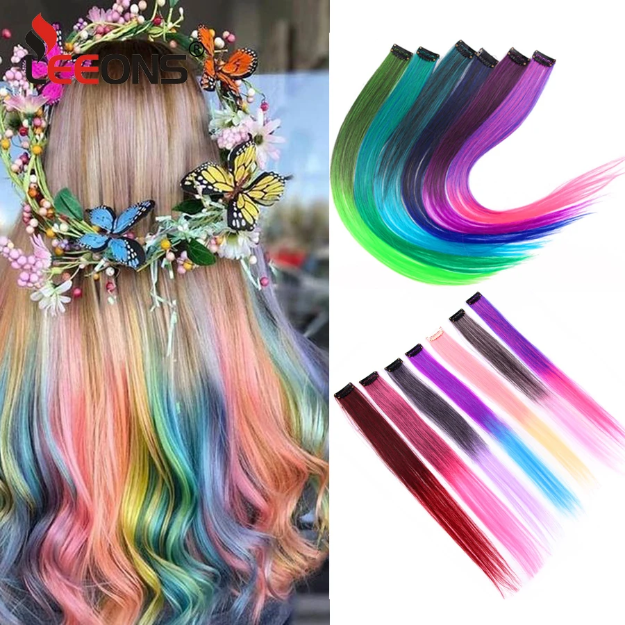 Leeons Synthetic Long Straight 20 Inch High Temperature One Clip In Hair Extensions Hairpiece Pink Red Blue Purple Colorful Hair