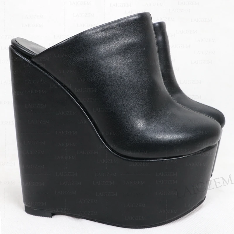 SEIIHEM damskie buty na koturnie ze sztucznej skóry 17CM muły wsuwane na okrągły palec ręcznie zwiększające wysokość buty kobieta duży rozmiar 38 45