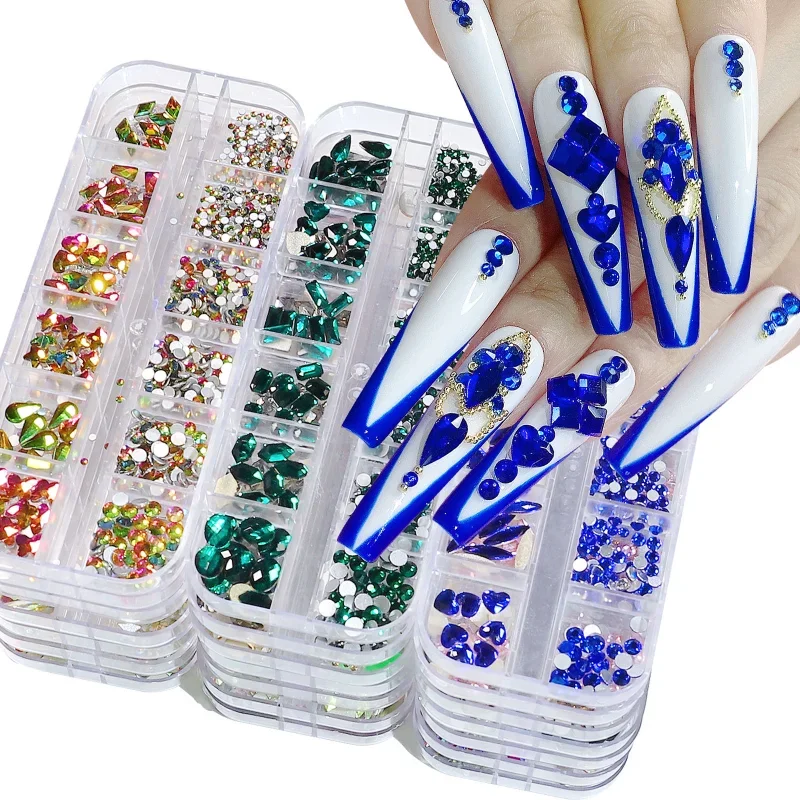 

Nail Art Rhinestones Kit 12 Grids Nail Gems Ab Flatback Rhinestones Gems Stones with Storage Organizer for Design Bright Holiday