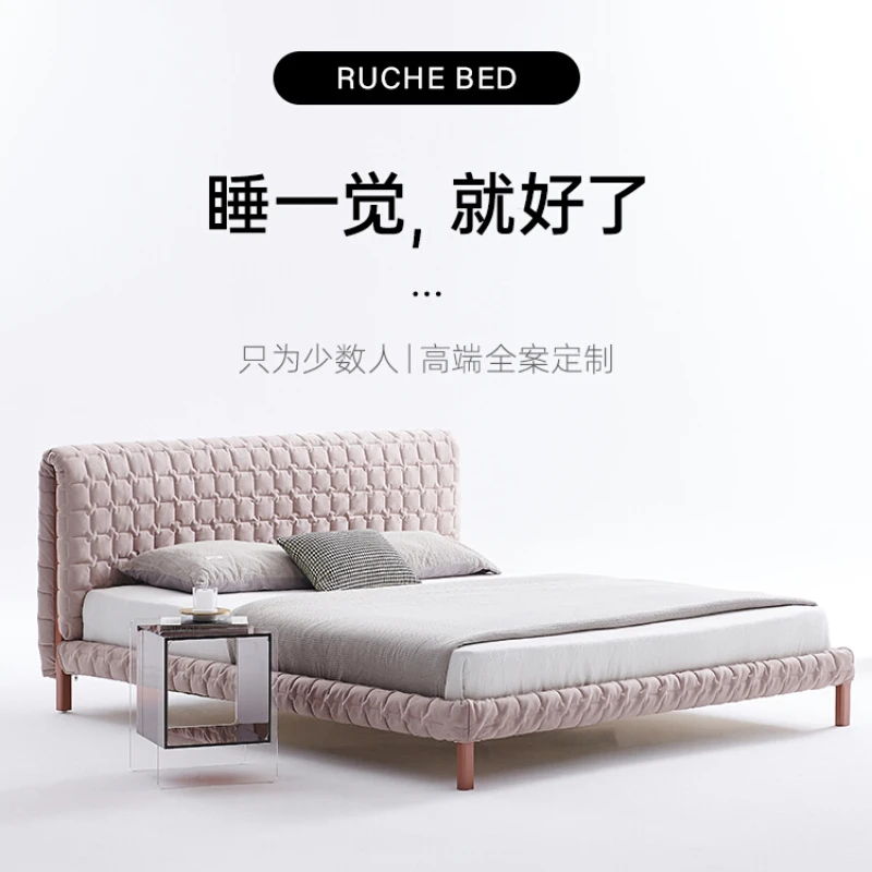 Minimalist fabric bed, freehand space furniture, high-end villa bedroom, light luxury, 1.8 meters solid wood bed