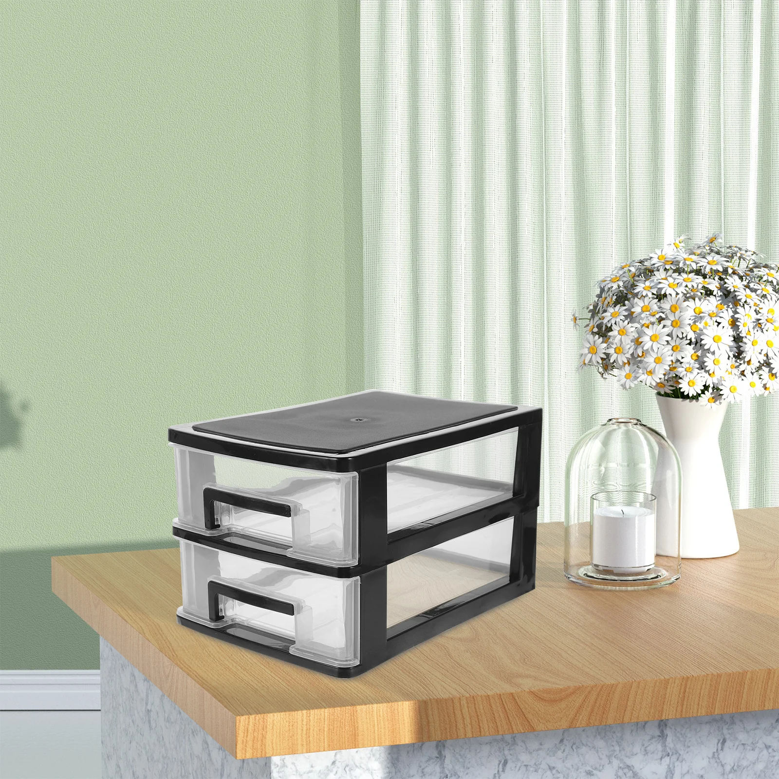 2-warstwowy organizer na biurko z szufladami, przezroczysty i czarny, z tworzywa PP, do przechowywania pędzli do makijażu, tuszu do rzęs i kredki do brwi.