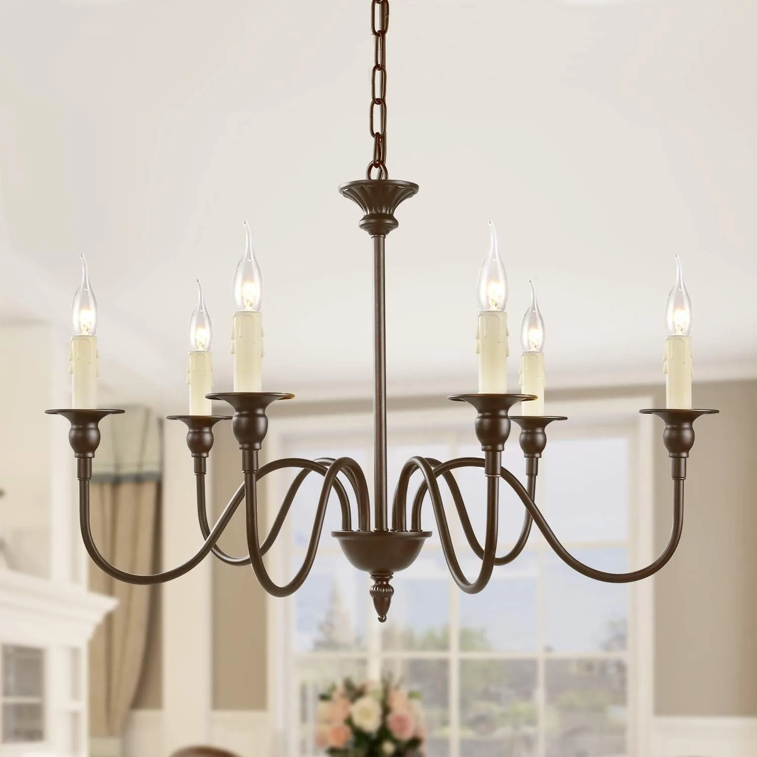 

6-Light Chandelier Black Farmhouse Chandelier Classic Candle Ceiling Pendant Light Fixture for Kitchen Island Dining(no blub)