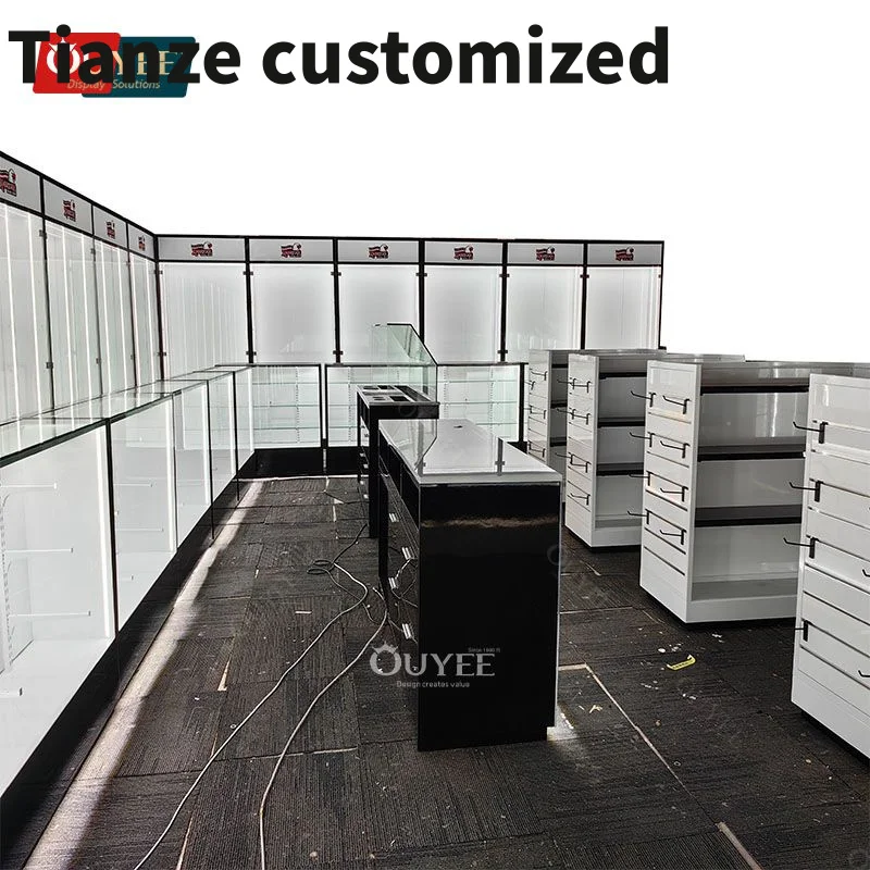 Customized-Commercial Furniture Led Stand Display Circle Glass Show Vitrine Dispensary Table Modern Smoke Shop