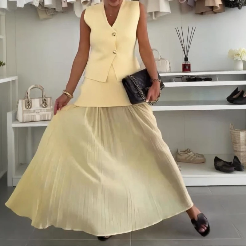 

2025 Spring and Autumn Fashion Elegant Women's Suit Vest Button Sleeveless Solid Color Skirt Women's Two-piece Suit
