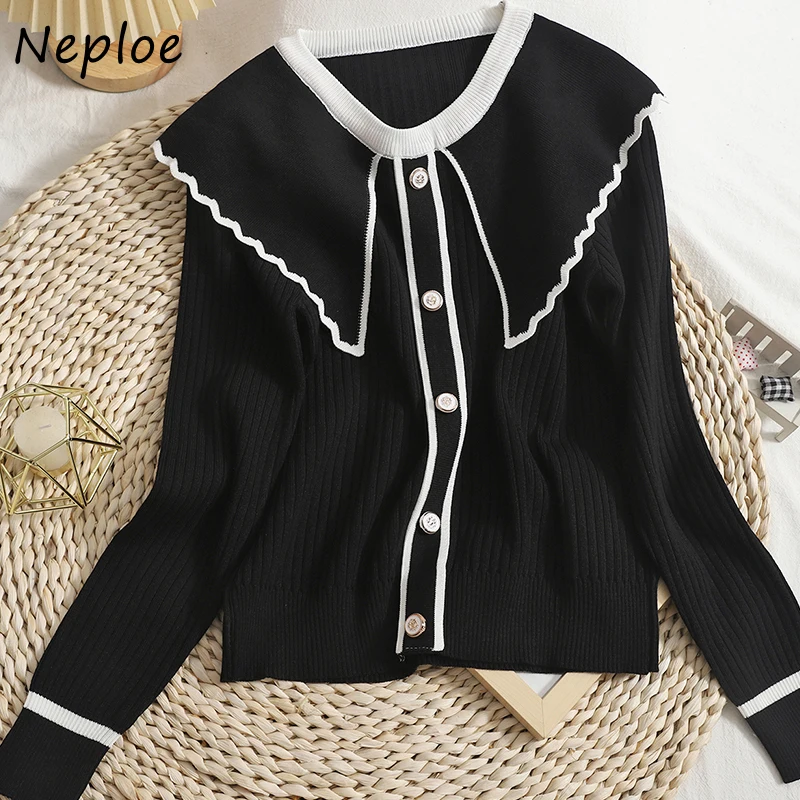 Neploe Chic Contrast Color Peter Pan Collar Sweaters Women Slim Knit Pullover Tops Mujer 2024 New Long Sleeve Bottoming Shirts