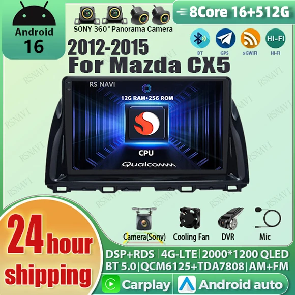 

Android 16 Carplay Auto Qualcomm 2K QLED Screen Car Radio Player For Mazda CX5 2012 - 2015 GPS Multimedia Wifi 4G BT Navigation