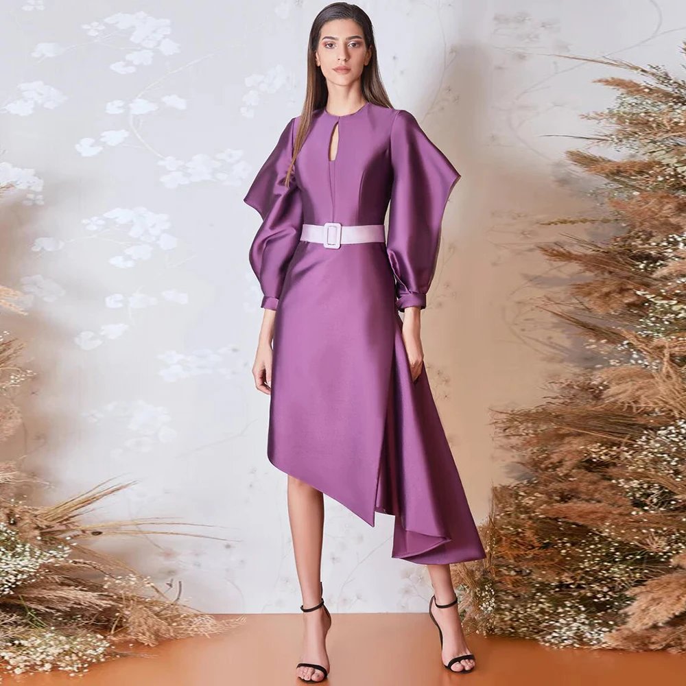 

Elegant Party Dresses Woman Purple Satin Ruffles Sashes Bespoke Occasion Gown Asymmetrical O-Neck Midi Dresses 2024