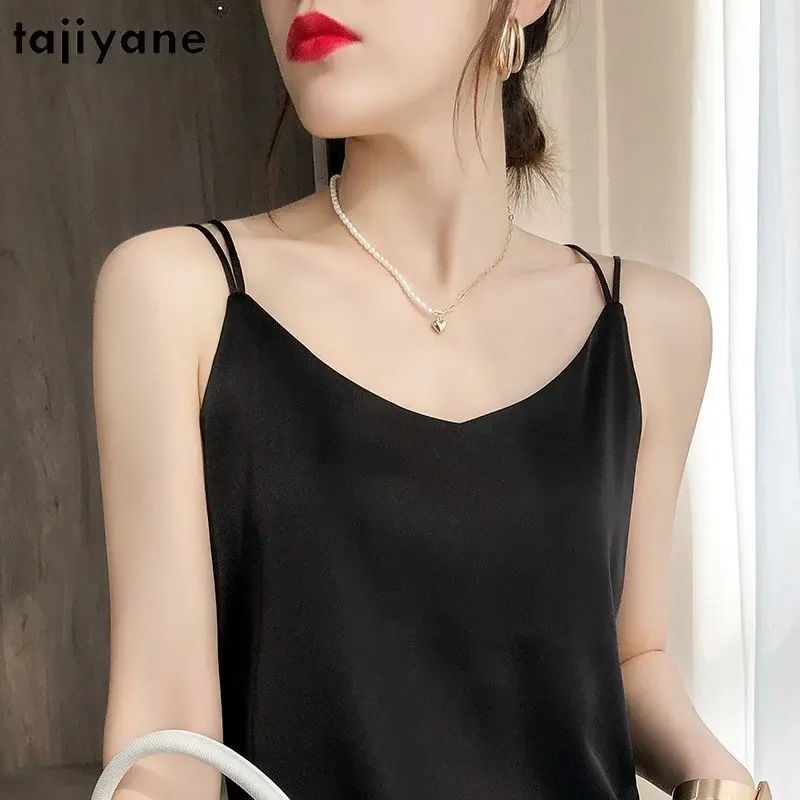 

Ayunsue 100% Mulberry Silk Tanks Top Women Summer Clothes For Women Black Camisole Sexy Tops V-neck Real Silk Basic Tops Women