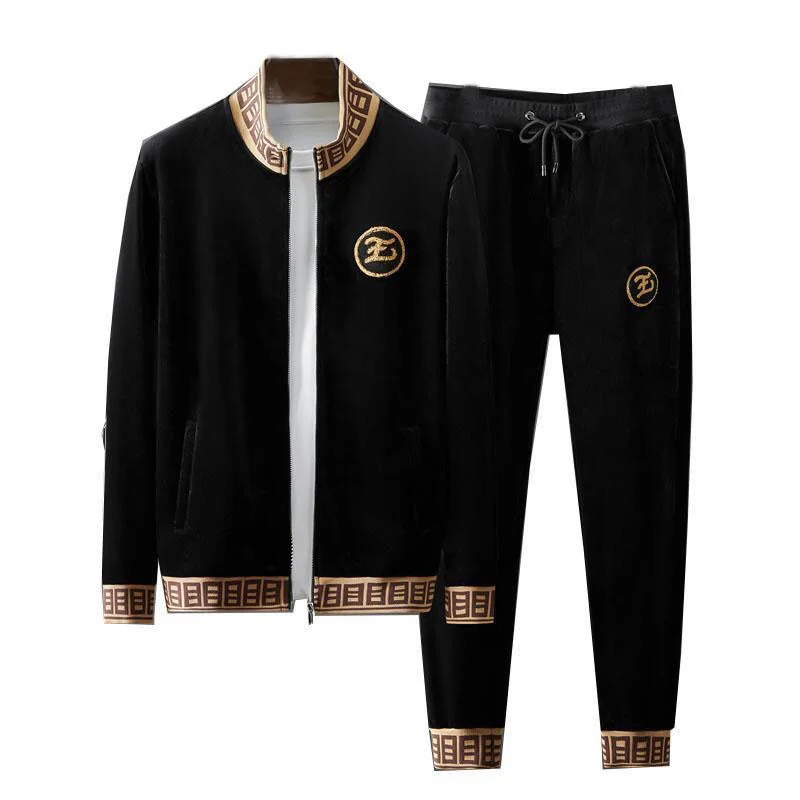 gold Fashion velvet sportswear suit men\'s 2023 new autumn and winter plush thickened casual pants jacket warm two-piece set