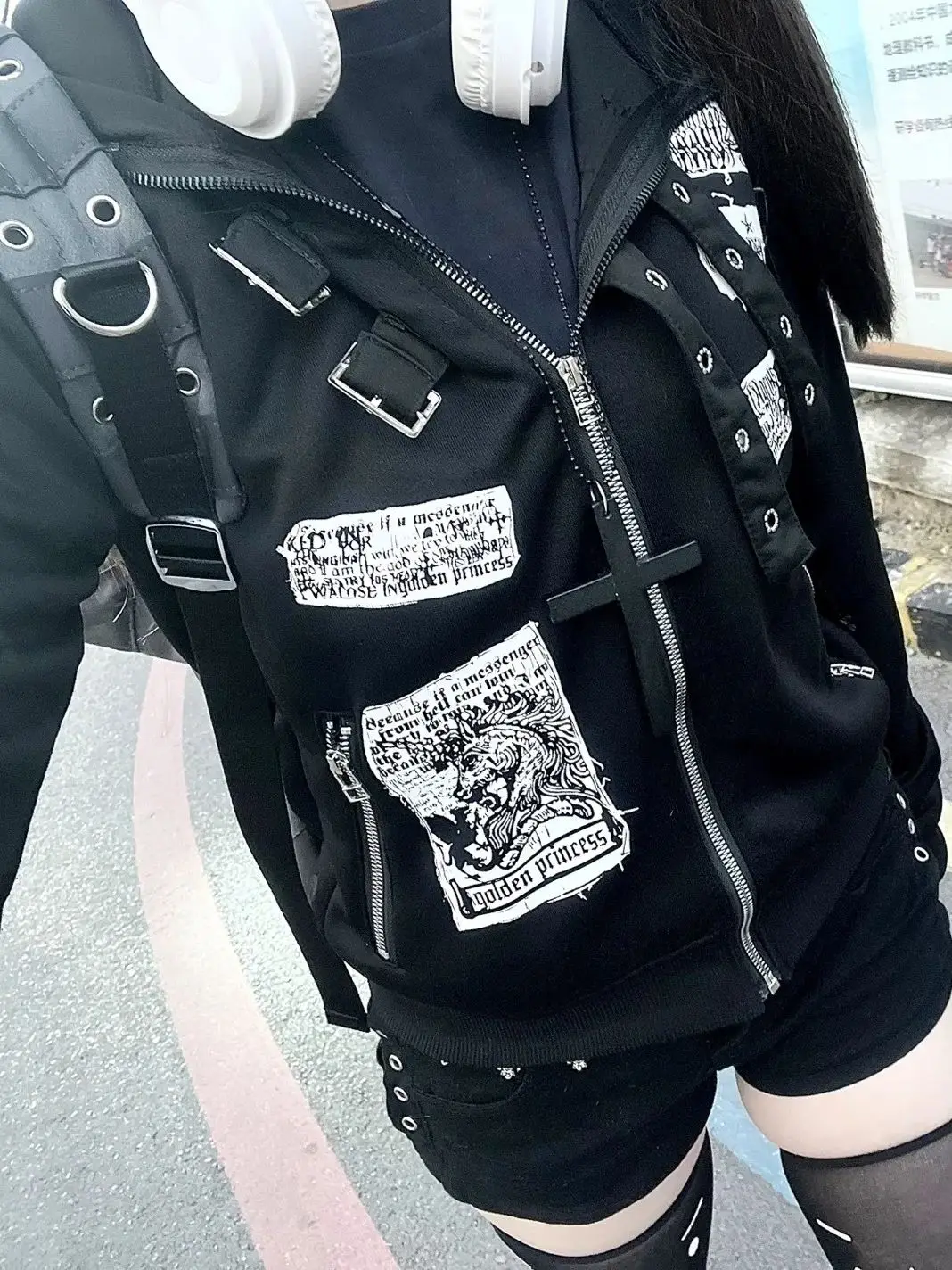 

Subculture Vintage Punk Hooded Women Zipper Pockets Printed Outwear Chic Gothic Casual Long Sleeve Jackets 2025 Autumn Winter