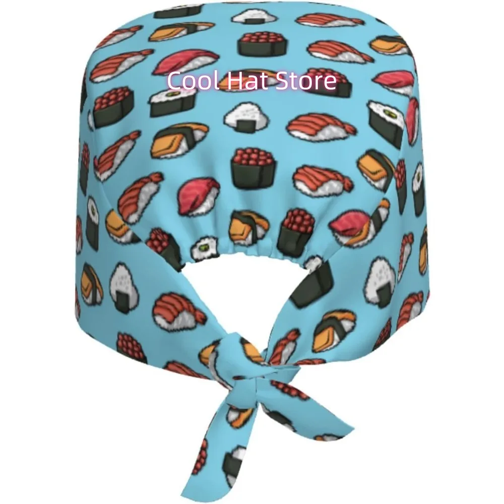 1pc Adjustable Nurse Scrub Cap with Sweatband & Sushi Print-like Design - Turquoise Hat, Quick-Dry 100% Polyester, Elastic Band