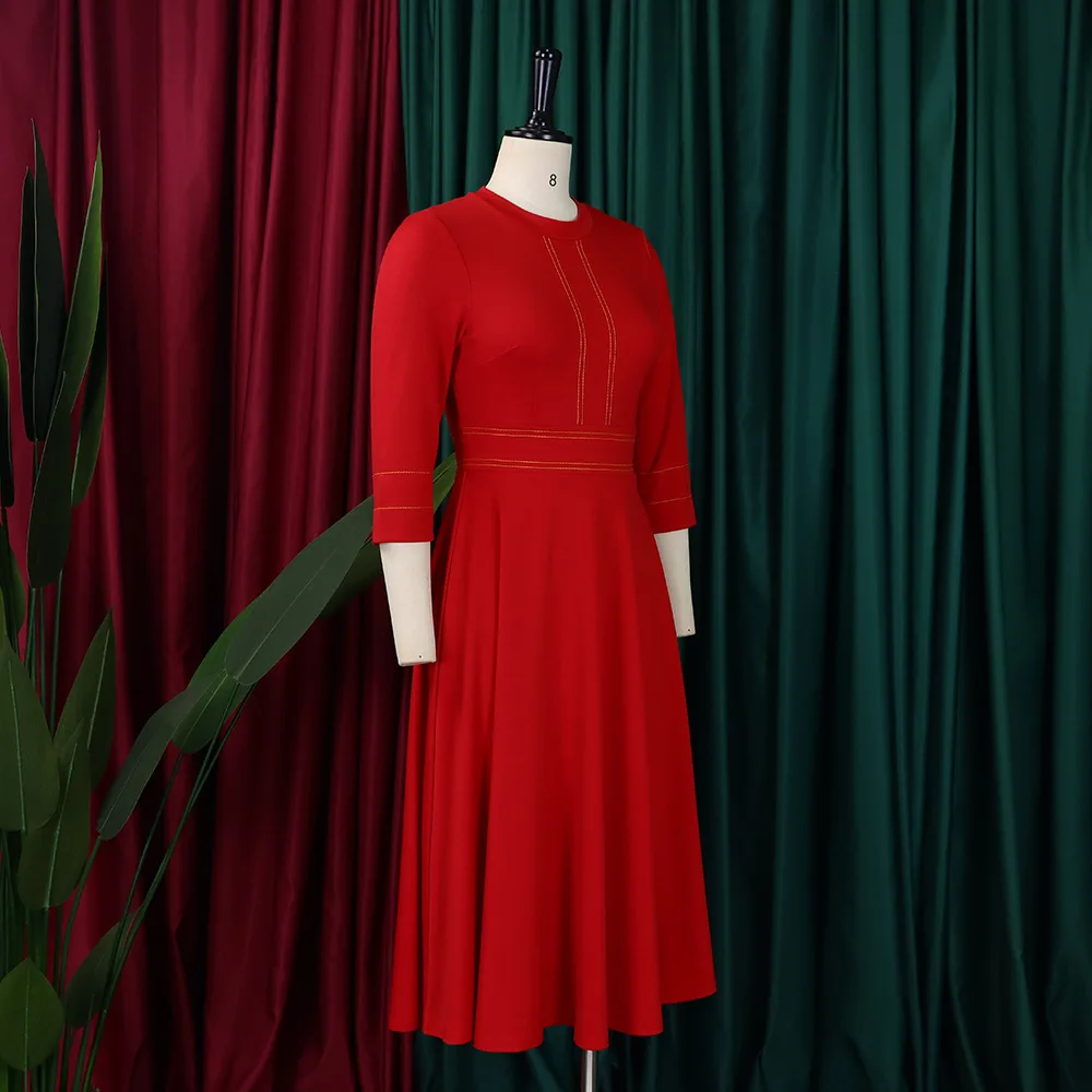 JENYAGE Damen Einfarbiges Dehnbares Kleid mit Stehkragen, Goldener Paspelierung, 3/4-Ärmeln, A-Linie, Midi-Länge, Elegantes Büro- und Partykleid in Übergröße – Detail 6