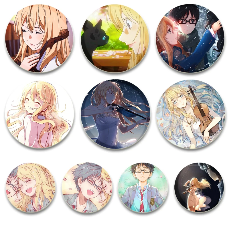 Shigatsu Wa Kimi No Uso HD Print Brooches Anime Badge Round Cute Cartoon Display Lapel Pins for Backpack Accessory Jewelry Gift