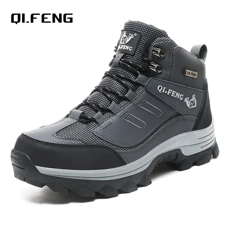 Men Large Sneaker Winter Snow Boots Warm Fur Waterproof Leather Outdoor Mountain Shoes Tactical Footwear Black Combat Boots