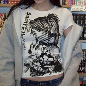 Frauen Streetwear -Anime mit Nacken, 90er -Jahre -Textdruckplatten, Harajuku -Kleidung, einfacher Vintage T -Shirt, lässige Ästhetik t -Shirt, Y2K 6 Hauptverkaufskleidung - №2