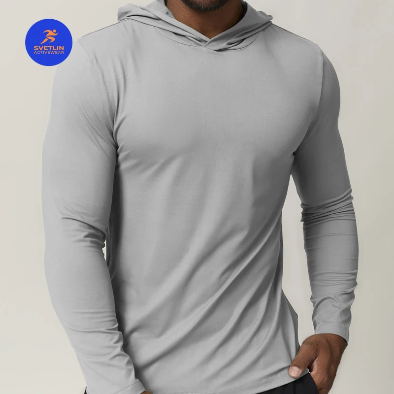 SVETLIN High Quality EU US Size Men Hooded Quick Dry Long Sleeve T-shirt Pullover Top for Running Fitness Outdoor Sports