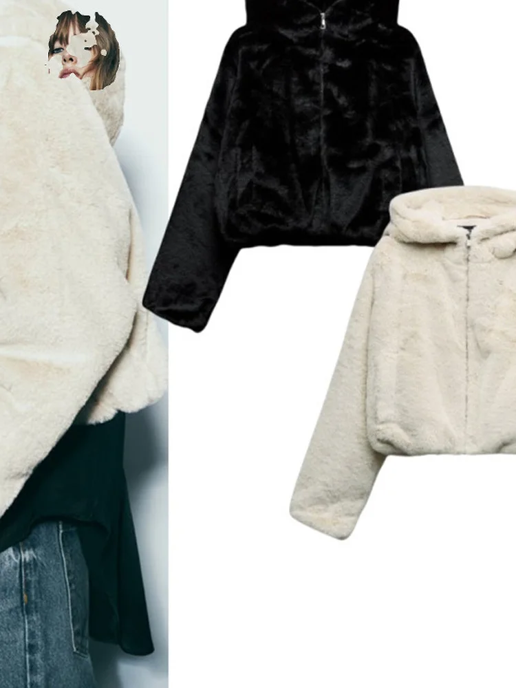 

Новая женская куртка-пальто на осень-зиму с эффектом искусственного меха, с капюшоном, повседневный городской стиль, на молнии, укороченная