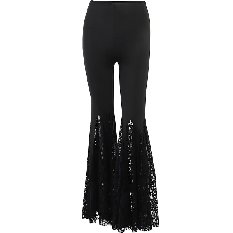 

Women's High Waist Lace Flare Pants Gothic Punk Black Wide Leg Trousers Slim Fit Vintage Grunge Streetwear Long Pants Y2K