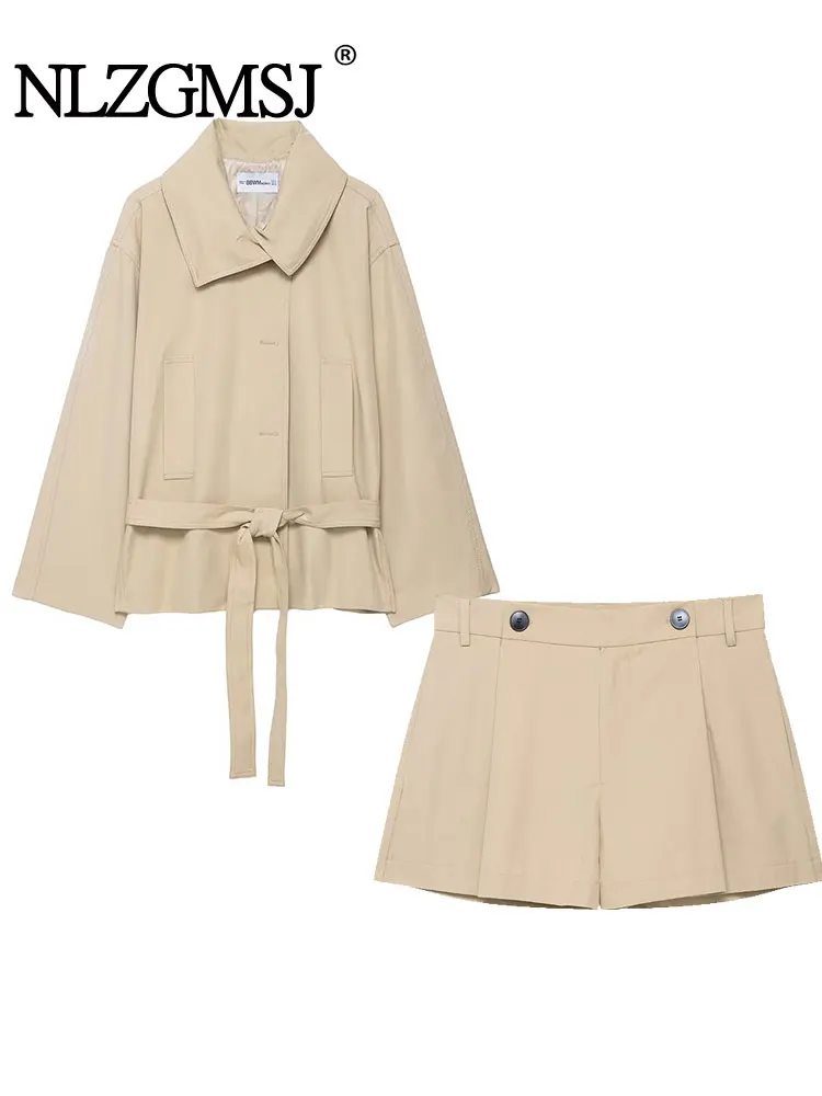 

NLZGMSJ Women's 2 Piece Set Button Decoration Shorts Set With Belt Solid Jacket Sets For Women Casual Women Outfit
