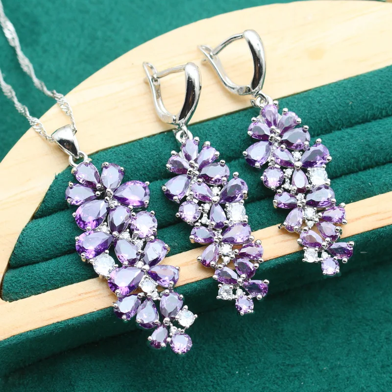 Luxurious Purple Zircon 925 Sterling Silver Jewelry set for Women Wedding Bracelet Earrings Necklace pendant Ring Holiday Gift