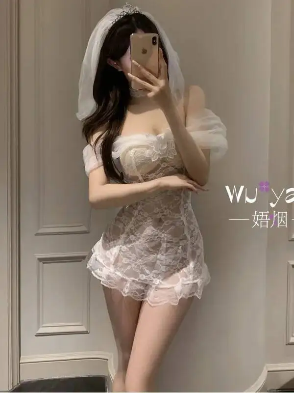 Pure Desire Elegant Style Dress Bride Outfit Sexy Cosplay Pajamas Sexy Uniform Lace Trimmed Mesh Splicing Dress Pure Desire B4P3