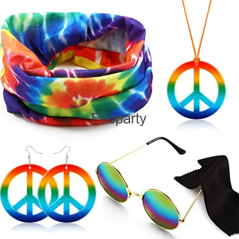 New Hippie Costume For Men Momen 60s 70s Colorful Tie-Dye T-Shirt With Glasses Necklace Scarf Earring Set Hip Hop Party Dress Up