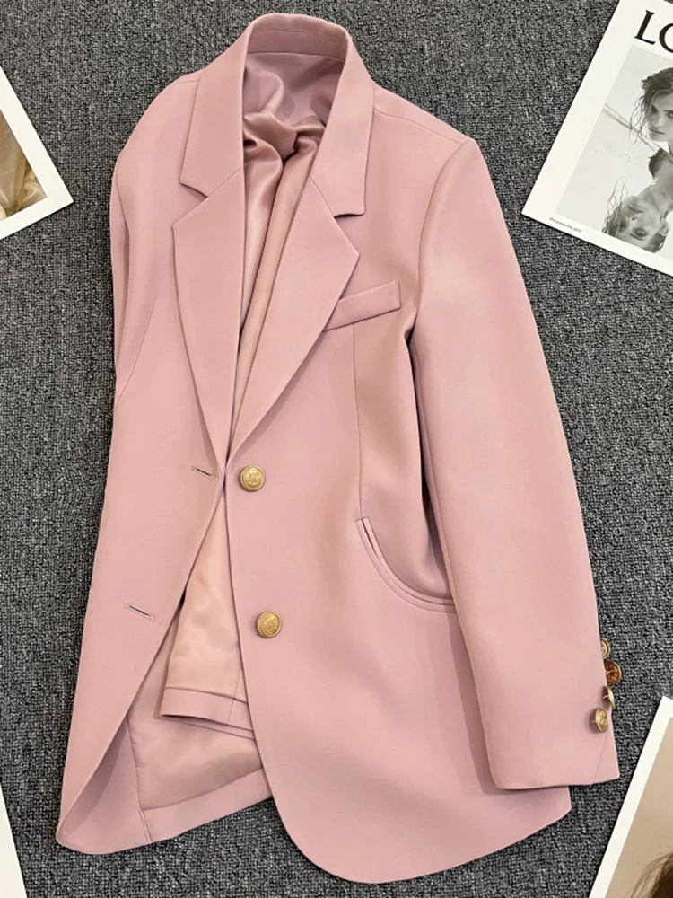 Fashion Vintage Blazers Coat For Women Notched Long Sleeve Single Breasted Loose Outwear 2023 New Spring Clothing M414