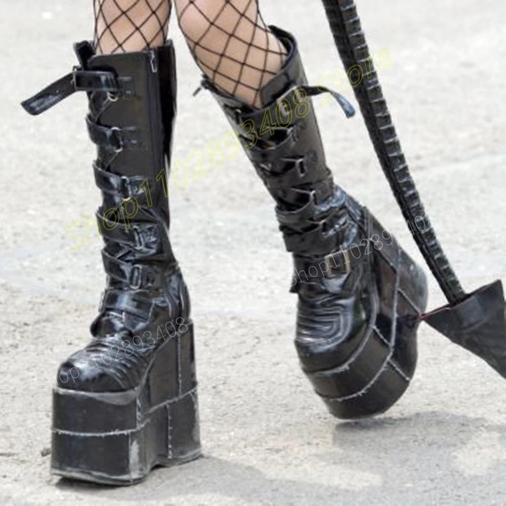 Black Buckle Belt Cross Tied Mid Calf Boots Punk Style Thick Soled Wedges High Heel Patent Leather Women Shoes 2024 Para Mujere