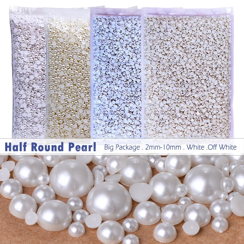 

Bulk Wholesale White AB Ivory Beads 2-10mm Imitation Half Round Pearls Flat Back ABS Plastic Glitters DIY Nail Art