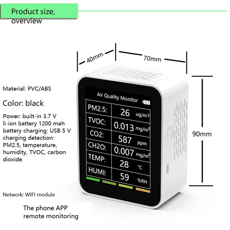 A003 6 en 1 Detector de calidad del aire PM2.5 TVOC CO2 CH2O Monitor de temperatura y humedad multidetector inteligente