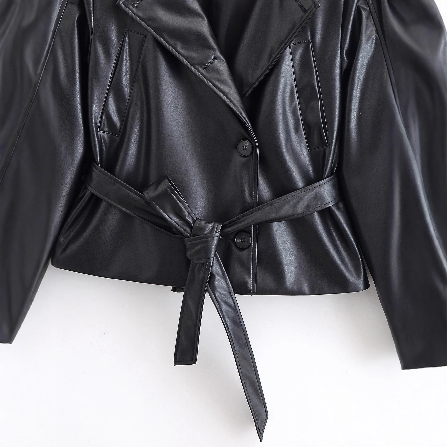 블랙 노치 칼라 벨트 가죽 윈드 브레이커 재킷 여성 패션 가을 신상품 유럽 및 미국 스타일 코트