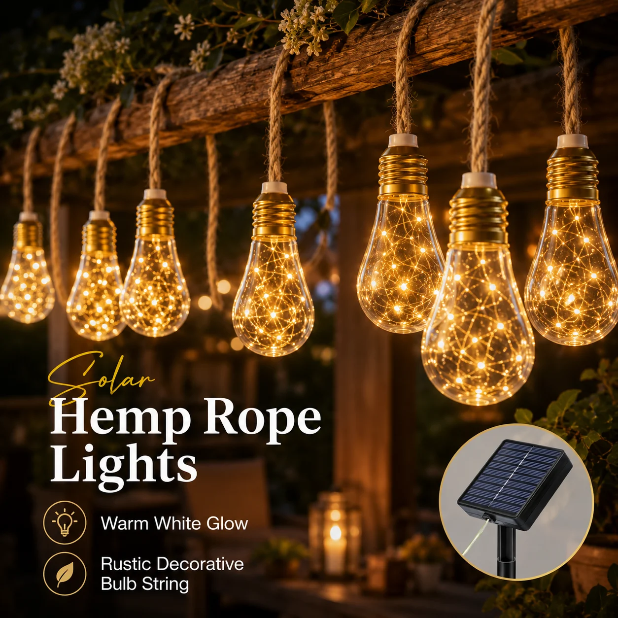 Solar String Lights Hemp Rope Edison Bulb Lights Solar Powered 8/16/24 Bulbs Warm White for Garden Patio Wedding Xmas Decor