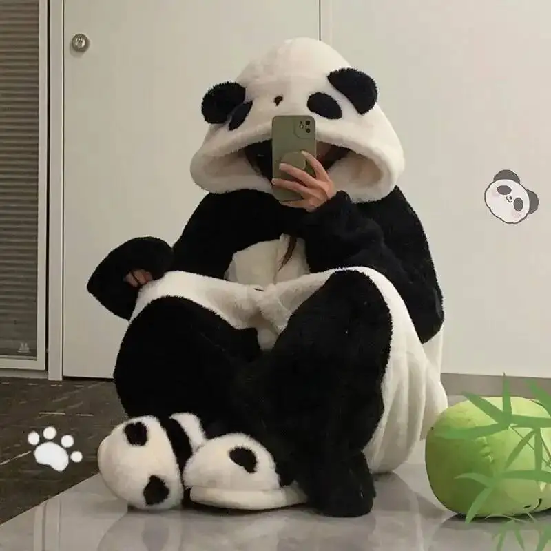 Pajama Kigurumi Cosplay Party Costume Loungewear Cartoon Panda Long Robe Jumpsuit Winter Women Thicken Coral Fleece Homewear