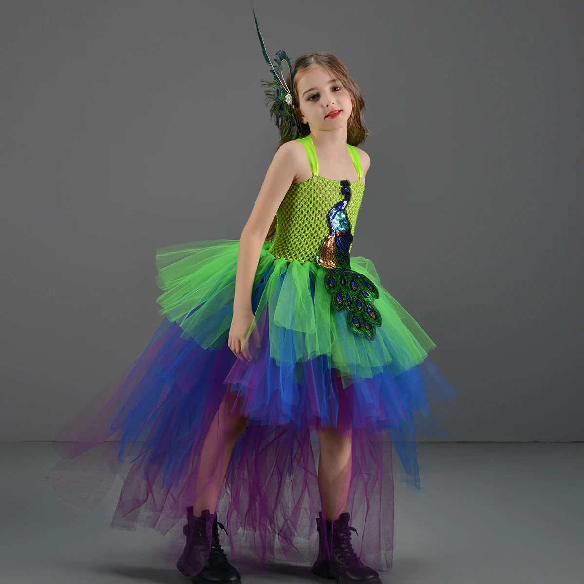 Abito tutù alto basso pavone per ragazze Festa di compleanno Purim Costume da spettacolo Bambini Abito da ballo pavone Piume Abiti da ragazza in tulle