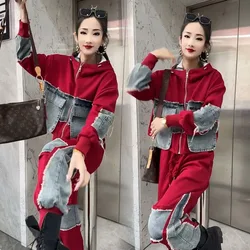 Autumn Denim Women's Pant Set Splice Fashion Loose Oversized Hooded Jacket + Pencil Jeans Two Piece Sets 6XL Trousers Suits 2024