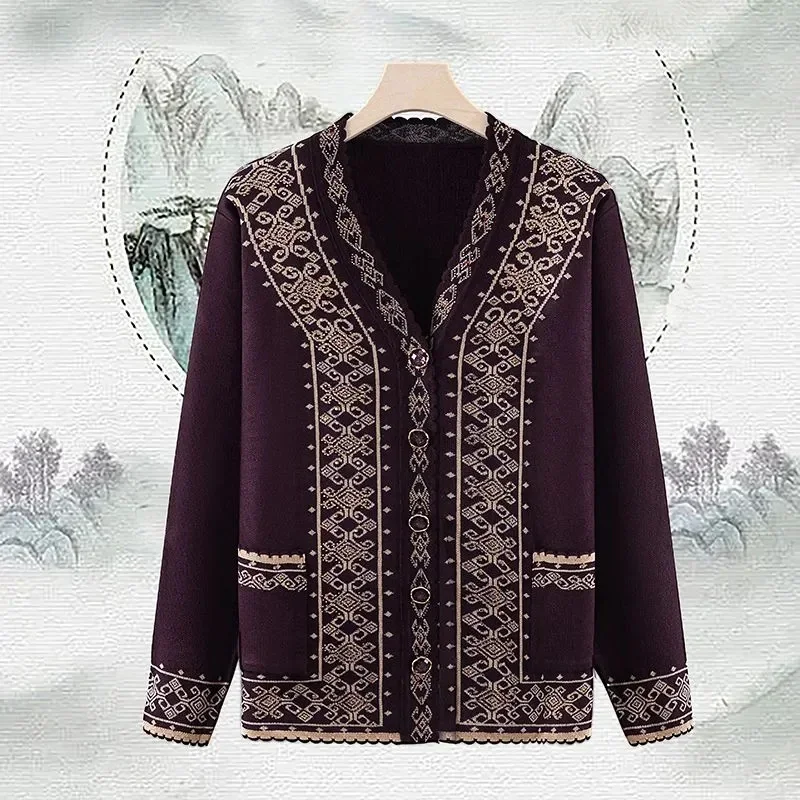 

Middle-aged And elderly Autumn Winter Women Sweater knitted Cardigan Jacket Female V-neck Long-sleeved Casual Knitwear Tops