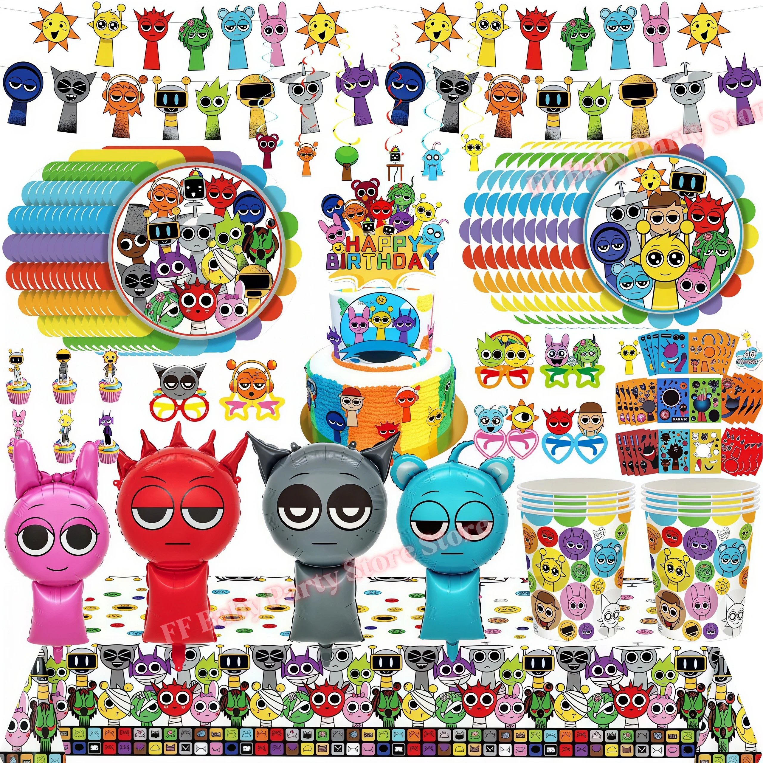 Sprunkis Geburtstagsparty-Dekorationsset Ballons Teller Becher Servietten für Jungen Mädchen Party-Geschenke Babyparty Kinder-Event-Zubehör – Detail 1