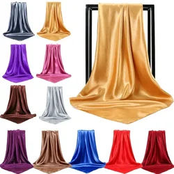 Foulard Hijab en Satin pour Femme, Carré Brcorporelle, Châle Rond, Couverture de la Tête et du Cou, Couleur Unie, 90x90