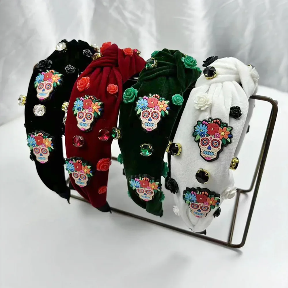 

New European American Wide-Knotted Headband with Skulls Plush Hair Bands Women Funny Festival Hair Accessories for 2024 Summer