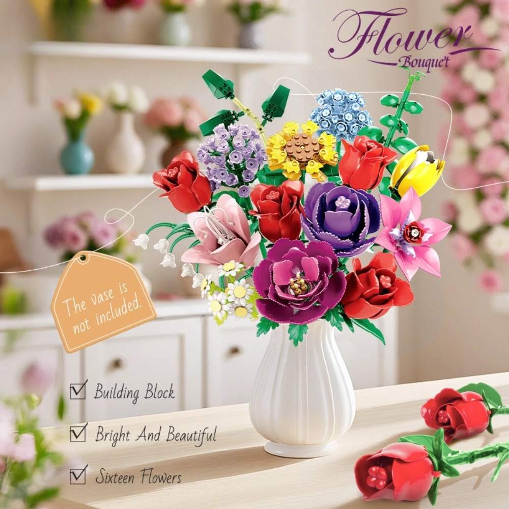

MOC Romantic Hydrangea Tulip Rose Flower Bouquet Building Blocks Set Life Blossom Vase Potted Plant Toys Children Birthday Gifts